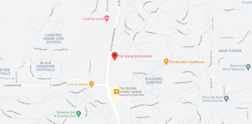 Map showing "The Spa at the Boulders" location near various landmarks and roads in a residential area.