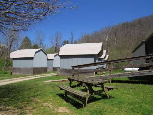 Two modern buildings with sloped roofs beside a grassy area featuring a wooden picnic table and a clear blue sky.