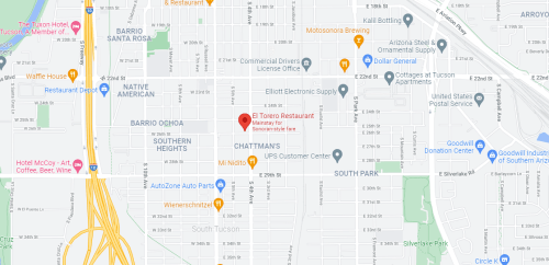 Map showing the location of El Torero Restaurant in Tucson, Arizona, near various shops and landmarks.