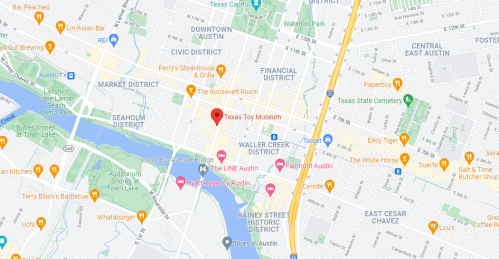 Map of downtown Austin, Texas, highlighting the Texas Toy Museum and nearby districts and landmarks.