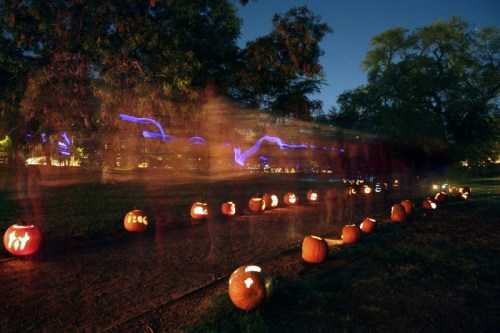 A dimly lit path lined with glowing jack-o'-lanterns, with ghostly figures moving in the background.