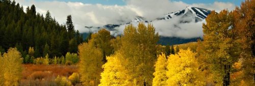 A scenic landscape featuring vibrant autumn trees, mountains, and clouds under a blue sky.