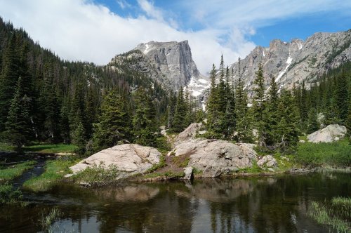 A serene mountain landscape with a clear lake, rocky outcrops, and lush green trees under a blue sky.