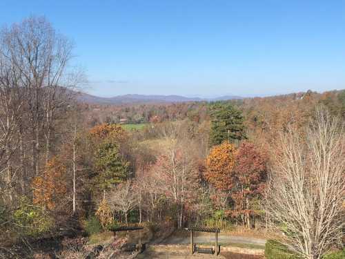 A scenic view of rolling hills and trees in autumn colors under a clear blue sky.