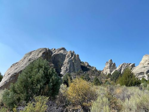 Rocky formations rise against a clear blue sky, surrounded by green shrubs and trees in a natural landscape.