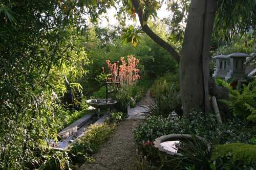 A lush garden path surrounded by greenery, featuring a fountain and blooming plants in soft sunlight.