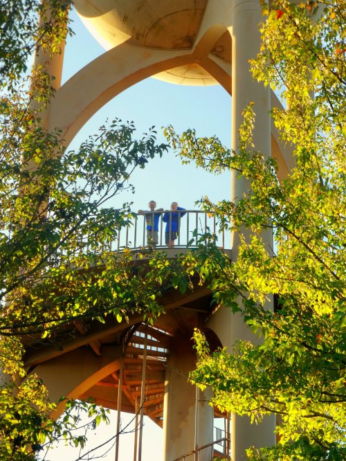 Two people stand on a platform surrounded by trees, with a water tower structure in the background.