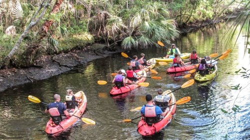 A group of people kayaking in colorful kayaks on a calm, tree-lined waterway.