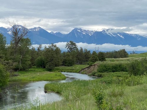 A serene landscape featuring a winding river, lush greenery, and snow-capped mountains under a cloudy sky.