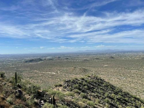 A panoramic view of a desert landscape with rolling hills, sparse vegetation, and a blue sky with wispy clouds.