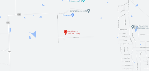 Map showing the location of Saint Francis Wolf Sanctuary, surrounded by open land and nearby roads.
