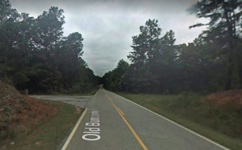 A quiet, tree-lined road with a yellow center line, under a cloudy sky. "Old Bunnlevel" is visible on the road.