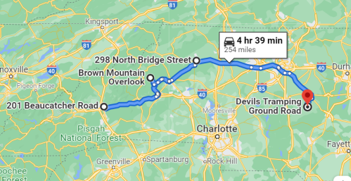 Map showing a route from 201 Beaucatcher Road to Devils Tramping Ground Road, taking 4 hours and 39 minutes over 254 miles.
