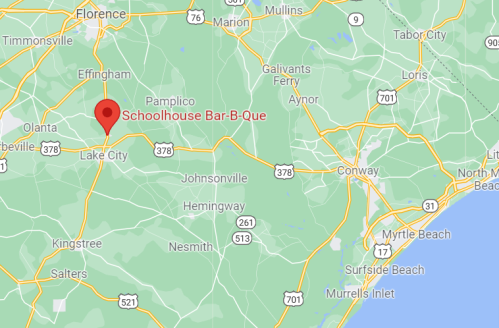 Map showing the location of Schoolhouse Bar-B-Que near Lake City, South Carolina, with nearby roads and towns.
