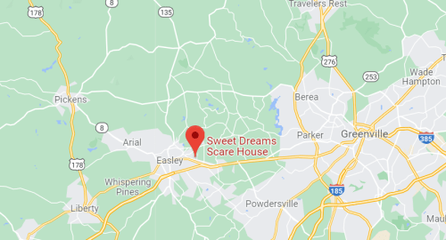 Map showing the location of Sweet Dreams Scare House near Easley, South Carolina, with surrounding roads and landmarks.