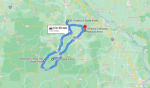 Map showing a route from Johnson's Shut-Ins State Park to Hickory Canyons Natural Area, covering 132 miles in 2 hours 53 minutes.