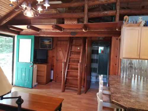 Cozy wooden interior of a cabin featuring a staircase, green door, and a dining area with a table and chairs.