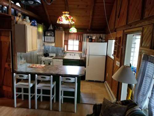 Cozy wooden kitchen with a green island, white appliances, and colorful pendant lights, featuring a rustic cabin vibe.