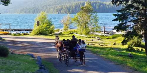 A horse-drawn carriage travels along a scenic path by a lake, surrounded by trees and mountains.