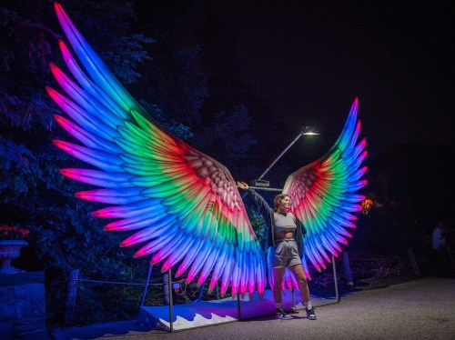 A person stands between large, colorful illuminated wings at night, creating a vibrant and artistic backdrop.