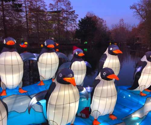 A group of illuminated penguin decorations on a blue platform by a calm water body at dusk.