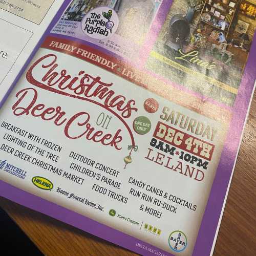 Promotional flyer for "Christmas on Deer Creek" event, featuring activities, food, and drinks on December 4th.