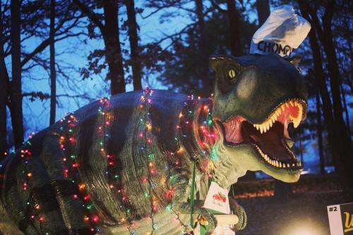 A dinosaur statue decorated with colorful lights and a chef's hat, set in a dark, wooded area.
