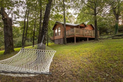 A cozy cabin surrounded by trees, with a hammock in the foreground on a grassy area.
