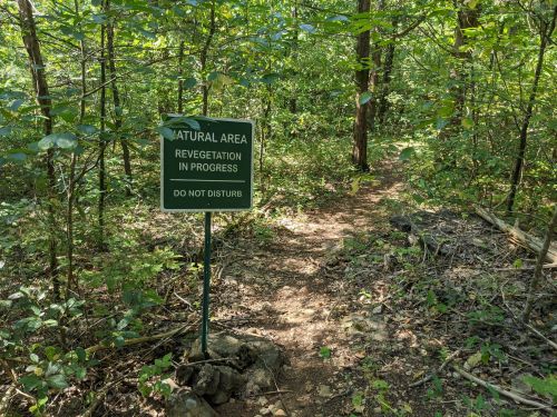 A sign in a wooded area reads "Natural Area: Revegetation in Progress. Do Not Disturb," beside a narrow path.