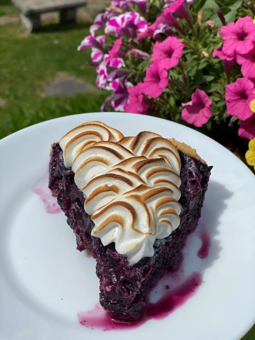 A slice of blueberry pie topped with swirled meringue, served on a white plate with colorful flowers in the background.