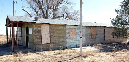 Abandoned building with boarded windows, peeling paint, and a metal roof, surrounded by dry grass and trees.