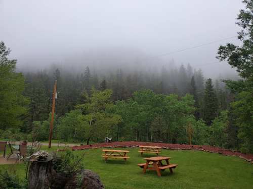 A foggy landscape with green trees and picnic tables in a grassy area, surrounded by misty mountains.