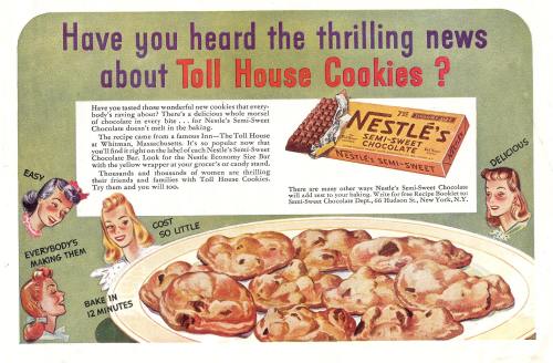 Vintage advertisement for Toll House Cookies featuring a plate of cookies and Nestlé's Semi-Sweet Chocolate bar.