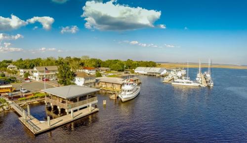 A scenic waterfront view featuring boats docked at a marina, surrounded by lush greenery and blue skies.