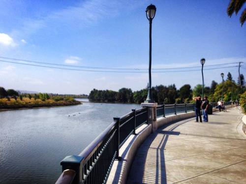 A scenic riverside walkway with lampposts, trees, and people enjoying the view under a clear blue sky.