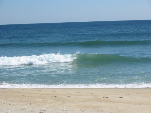 A serene beach scene with gentle waves lapping at the shore under a clear blue sky.