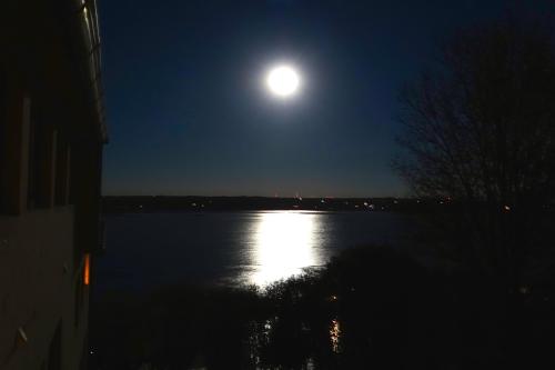 A bright full moon reflects on a calm lake at night, with trees and distant lights visible along the shore.