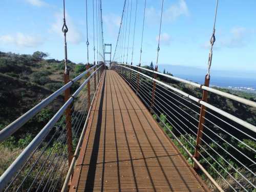 A suspension bridge stretches over a landscape, with green hills and a blue sky in the background.