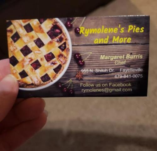 Business card for Rymolene's Pies and More, featuring a pie image, contact info, and social media details.