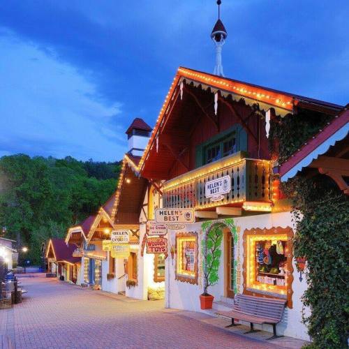 Charming alpine-style buildings adorned with lights, nestled in a scenic landscape at dusk.