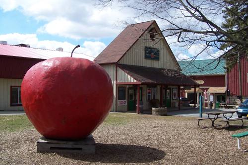 A large red apple sculpture stands in front of a rustic building with a green roof and picnic tables nearby.