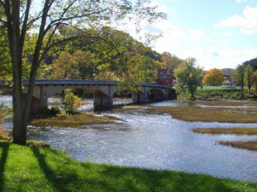 A serene river scene featuring a bridge, lush greenery, and colorful trees under a clear blue sky.