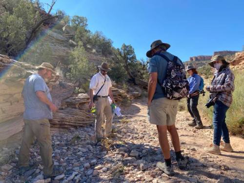 A group of people in hats stands on a rocky trail, listening to a guide in a white shirt amidst a desert landscape.