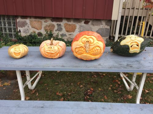 Four carved pumpkins with humorous faces displayed on a picnic table outdoors, surrounded by autumn leaves.