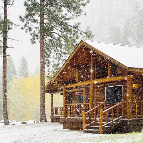 A cozy wooden cabin surrounded by tall trees, with snow gently falling in a serene winter landscape.