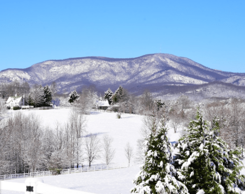 Snow-covered landscape with mountains in the background, trees, and a clear blue sky.