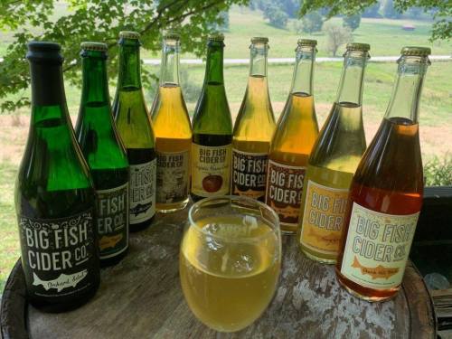 A selection of Big Fish Cider bottles arranged on a table, with a glass of cider in front, set against a scenic background.