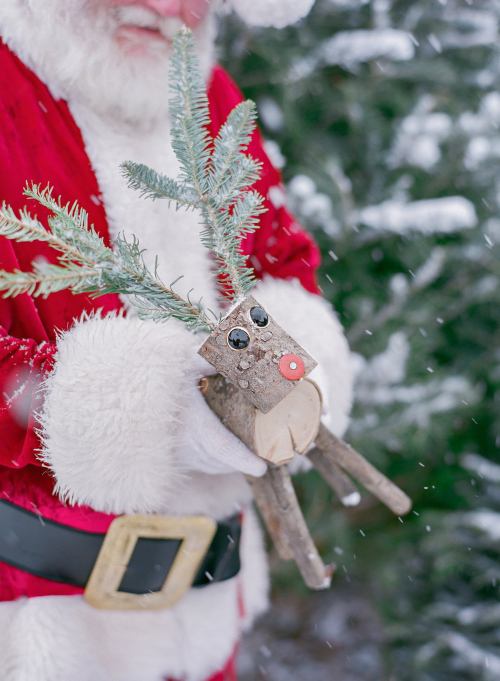 A person in a Santa costume holds a handmade reindeer made from wood and greenery, surrounded by snow.
