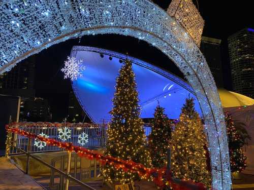 A festive scene featuring decorated Christmas trees and snowflakes, illuminated at night with a blue backdrop.