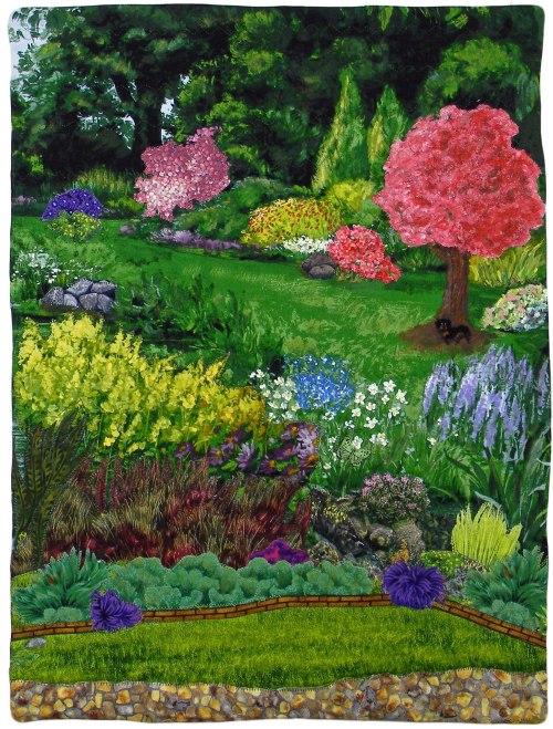 A vibrant garden scene featuring colorful flowers, trees, and lush greenery under a bright sky.
